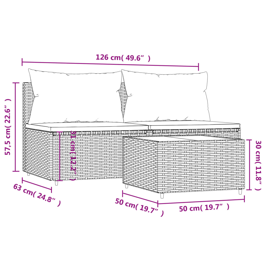 Set mobilier de grădină cu perne, 3 piese, maro, poliratan - Lando