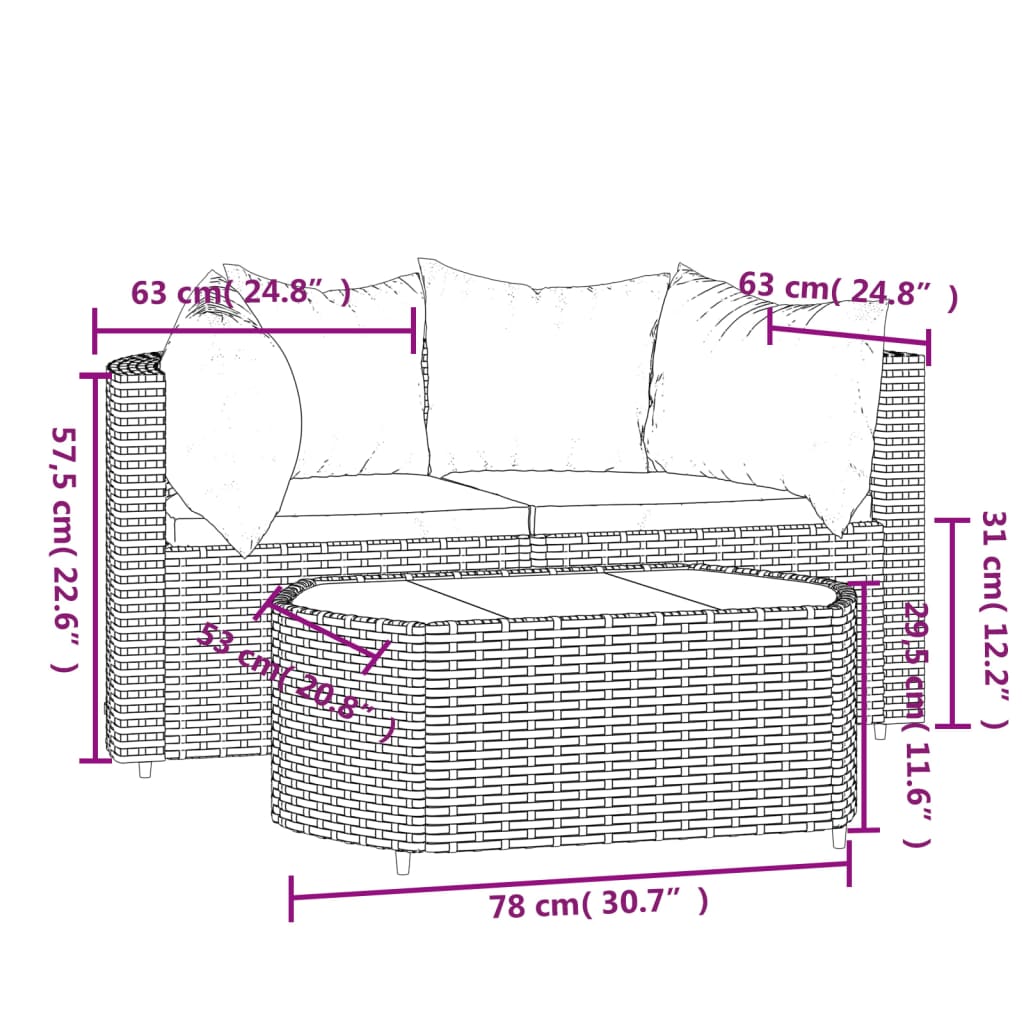 Set mobilier de grădină cu perne, 3 piese, maro, poliratan - Lando