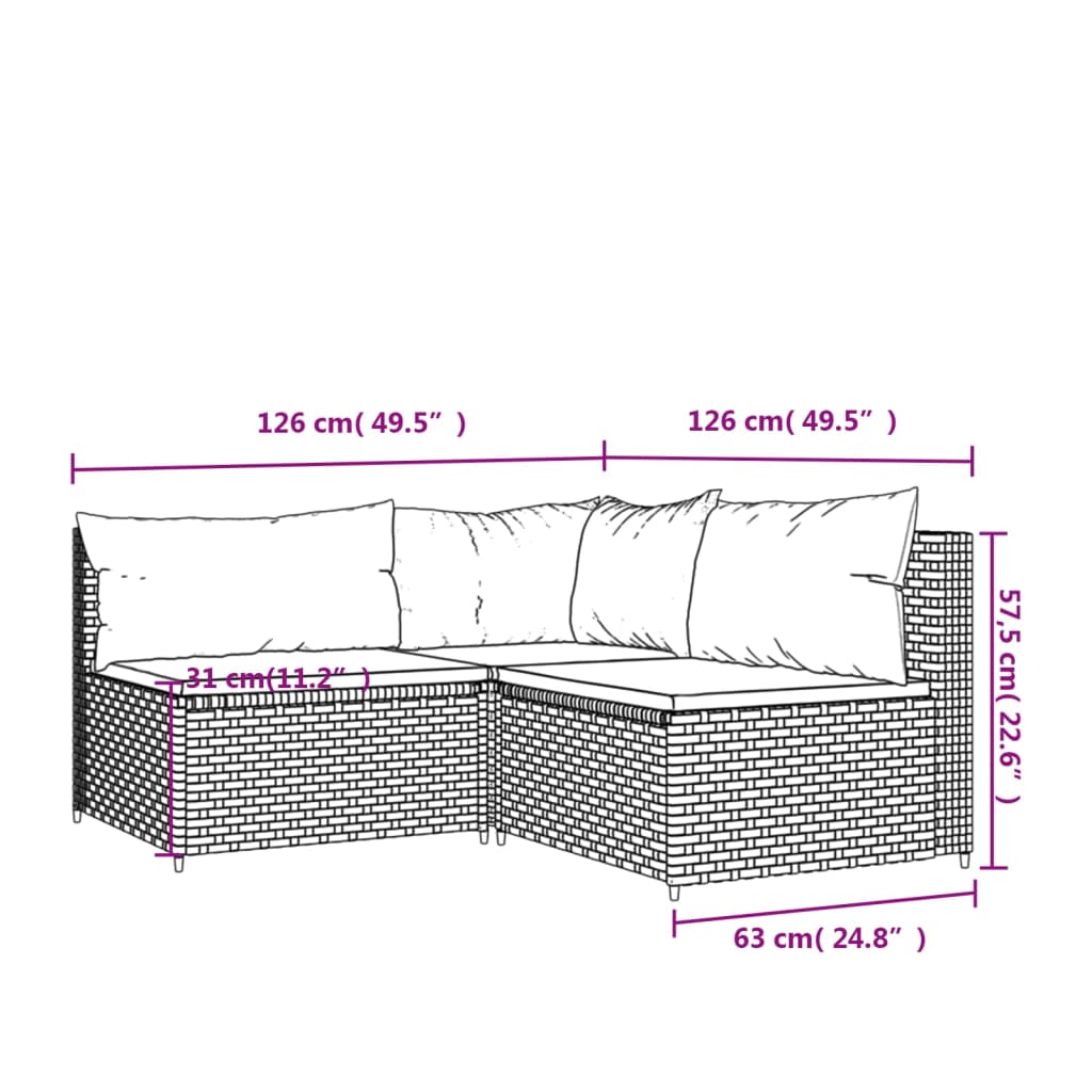 Set mobilier de grădină cu perne, 3 piese, maro, poliratan - Lando