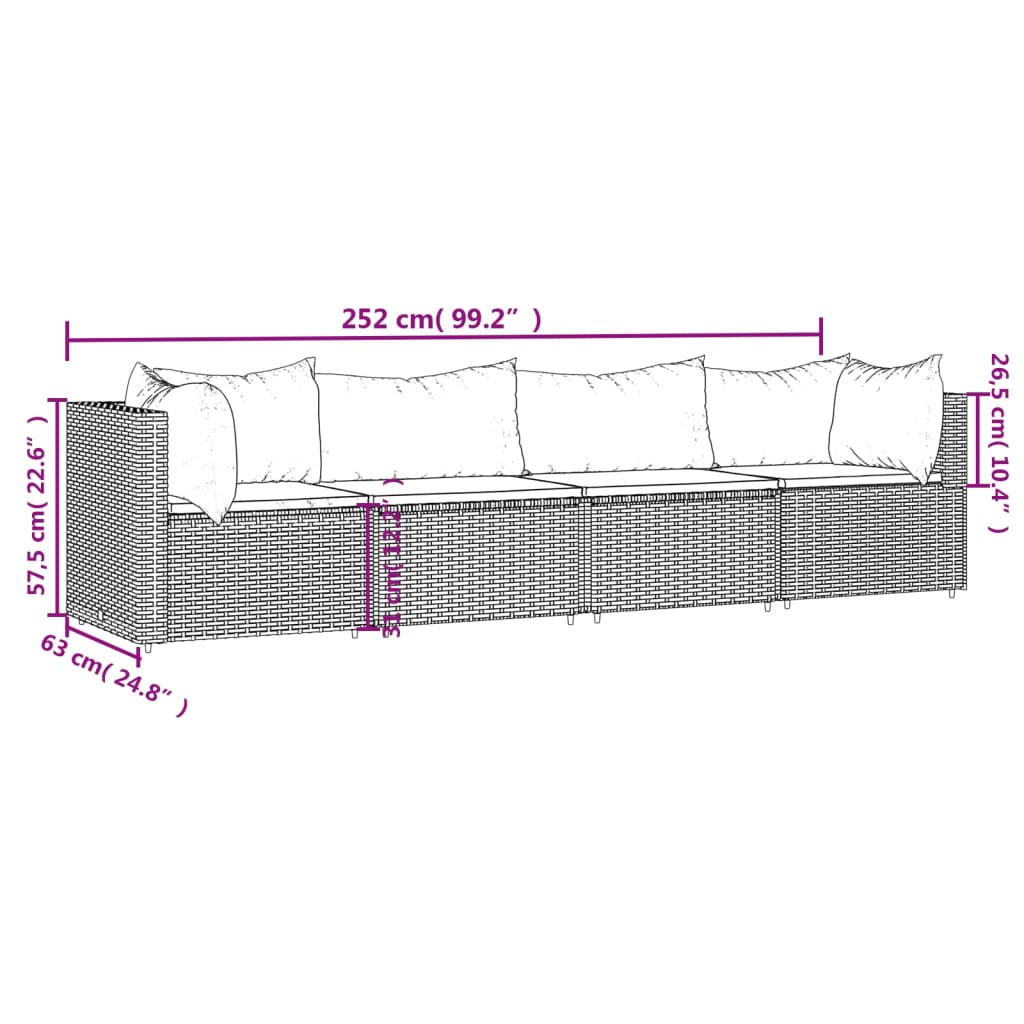 Set mobilier de grădină cu perne, 4 piese, gri, poliratan - Lando