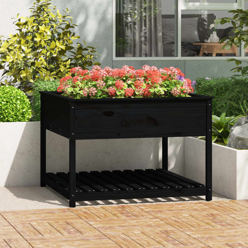 Jardinieră cu raft, negru, 111,5x111,5x81 cm, lemn masiv de pin Lando - Lando