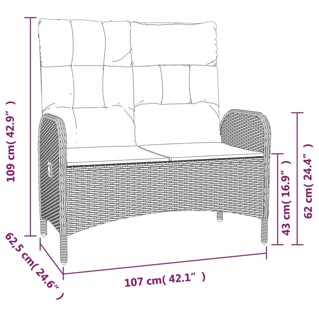 Bancă de grădină rabatabilă cu perne, negru, 107 cm, poliratan - Lando