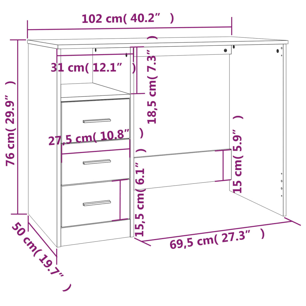 Birou cu sertare, stejar sonoma, 102x50x76 cm, lemn prelucrat - Lando