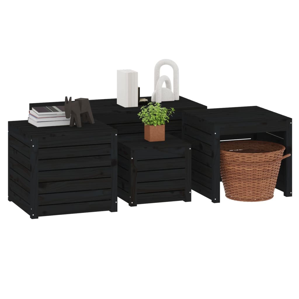 Set cutii de grădină, 4 piese, negru, lemn masiv de pin - Lando