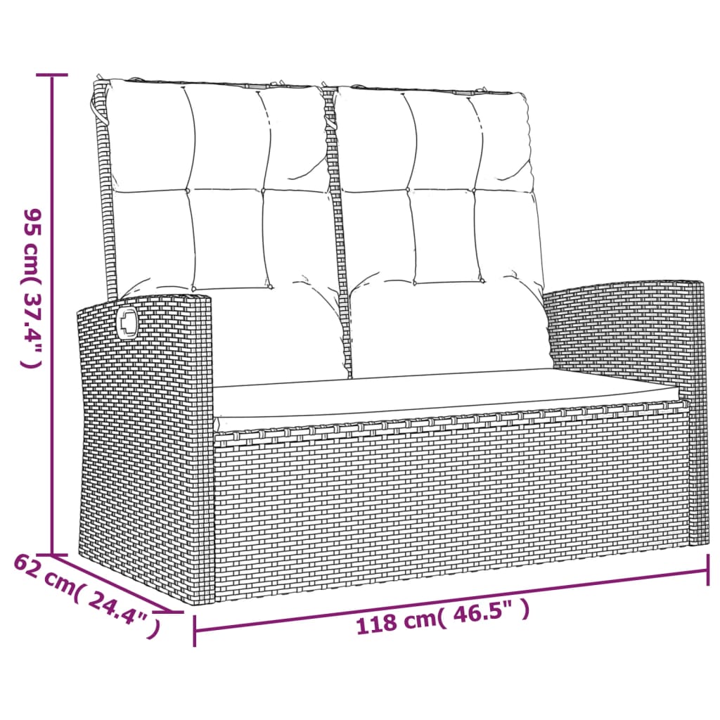 Bancă rabatabilă de grădină cu perne, negru, 118 cm, poliratan - Lando