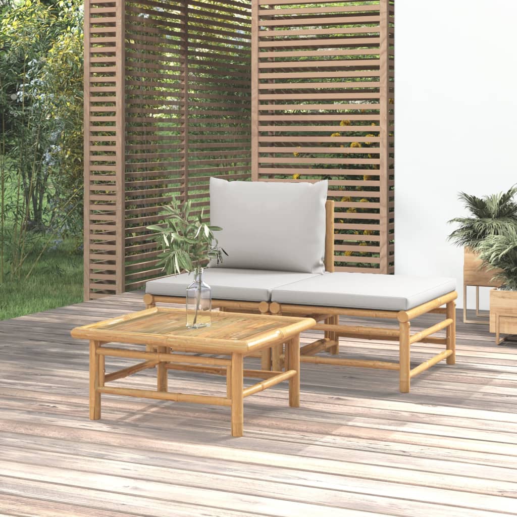 Set mobilier de grădină cu perne gri deschis, 3 piese, bambus - Lando