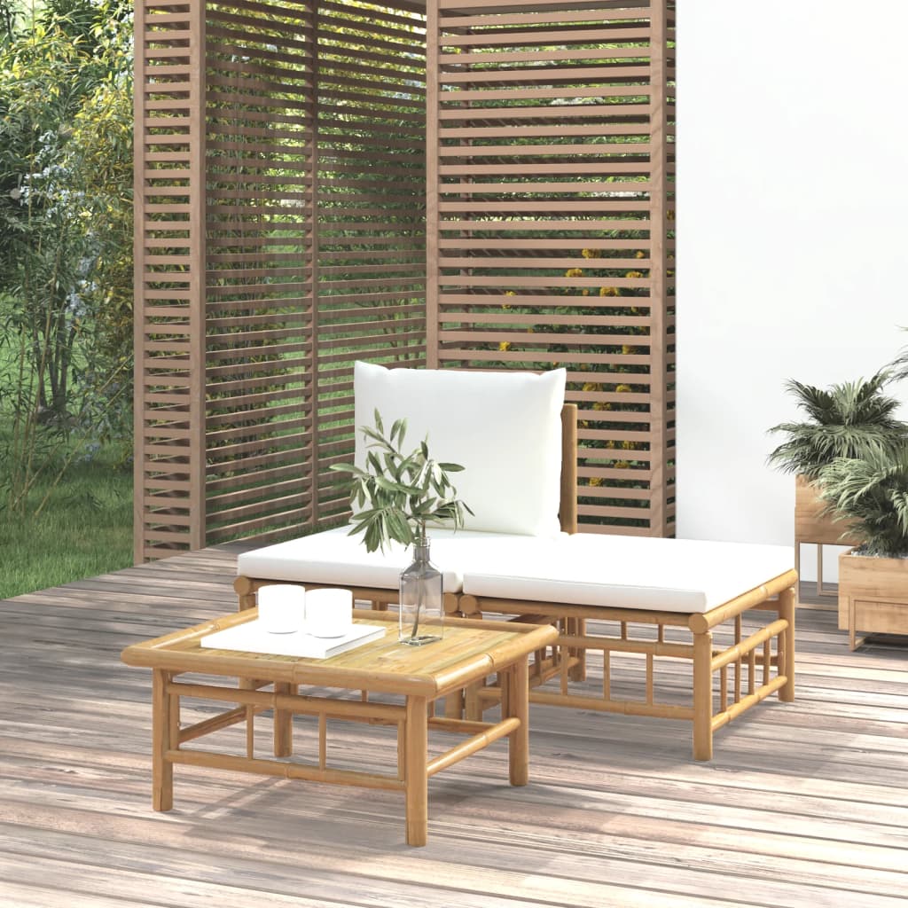 Set mobilier de grădină, cu perne alb crem, 3 piese, bambus - Lando