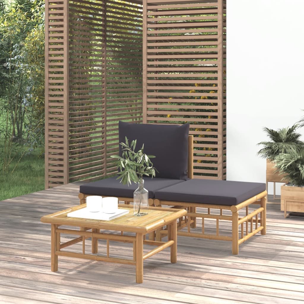 Set mobilier de grădină, perne gri închis, 3 piese, bambus - Lando