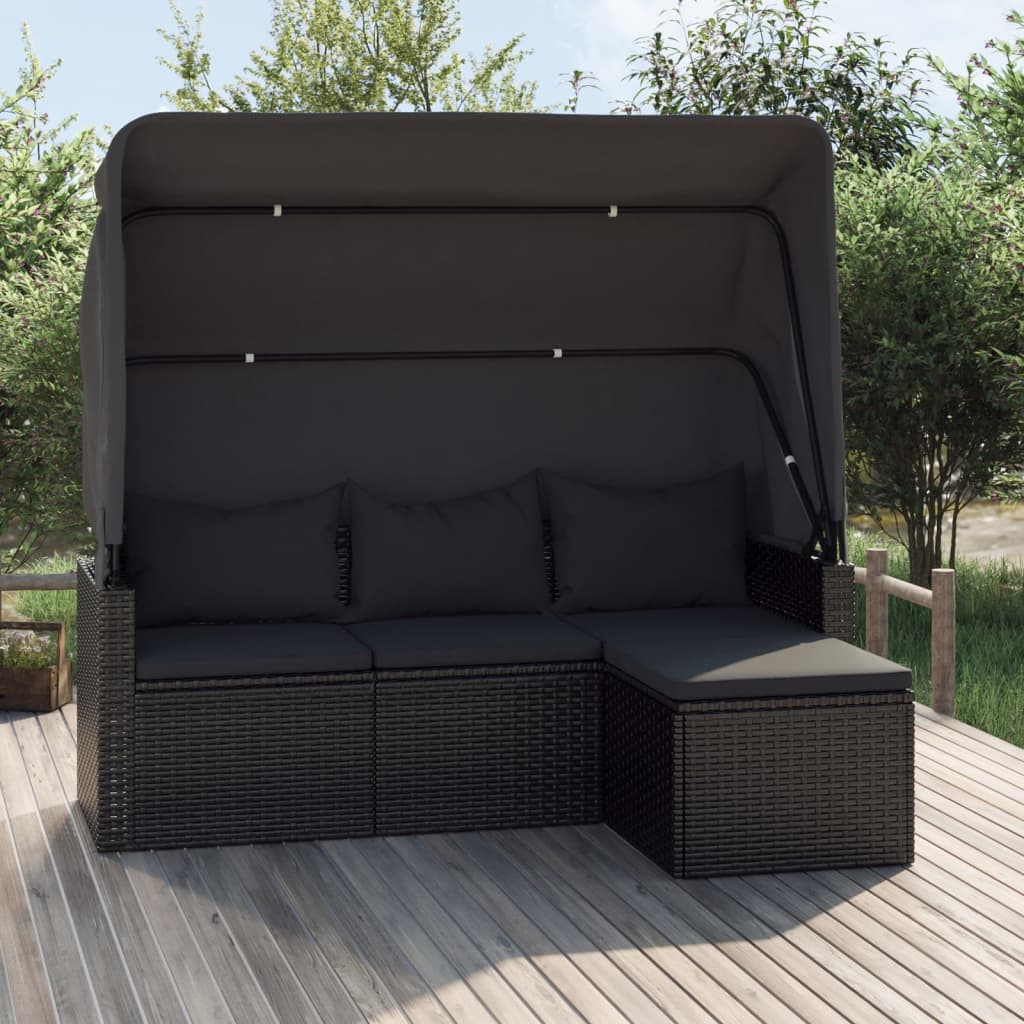 Canapea grădină 3 locuri cu acoperiș și taburet negru poliratan - Lando