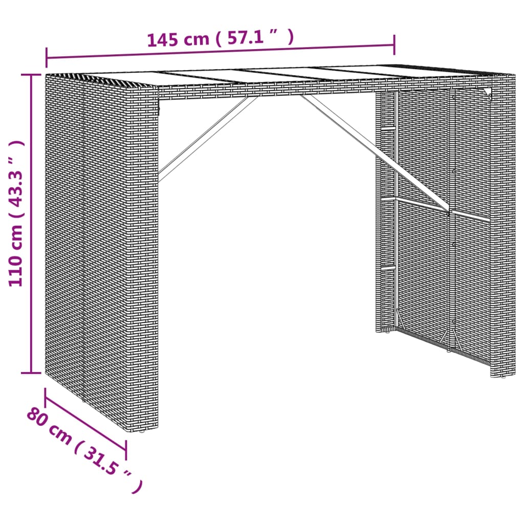 Masă de bar cu blat din sticlă, gri, 145x80x110 cm, poliratan - Lando