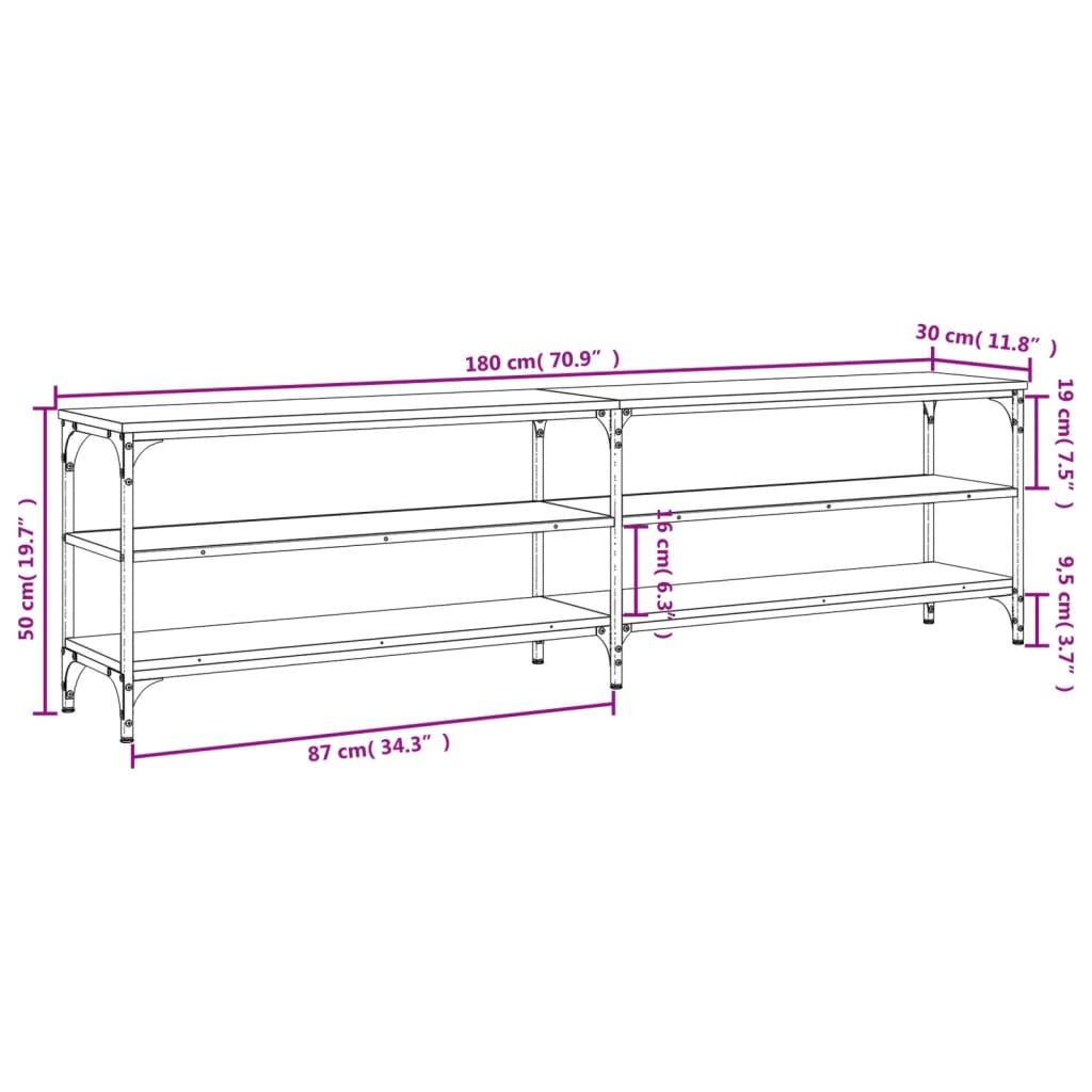 Comodă TV, gri sonoma, 180x30x50 cm, lemn prelucrat și metal Lando - Lando