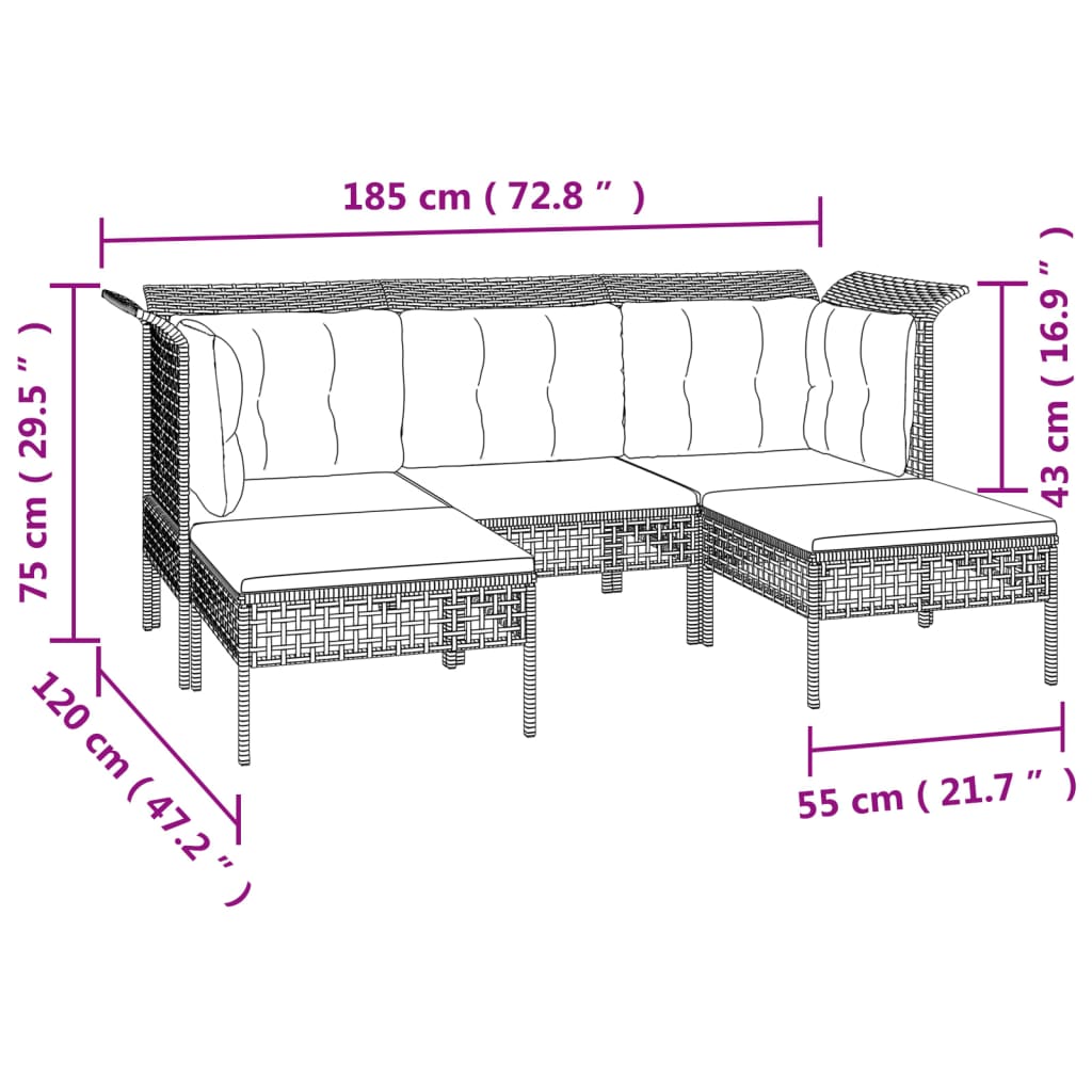 Set mobilier de grădină cu perne, 5 piese, gri, poliratan Lando - Lando