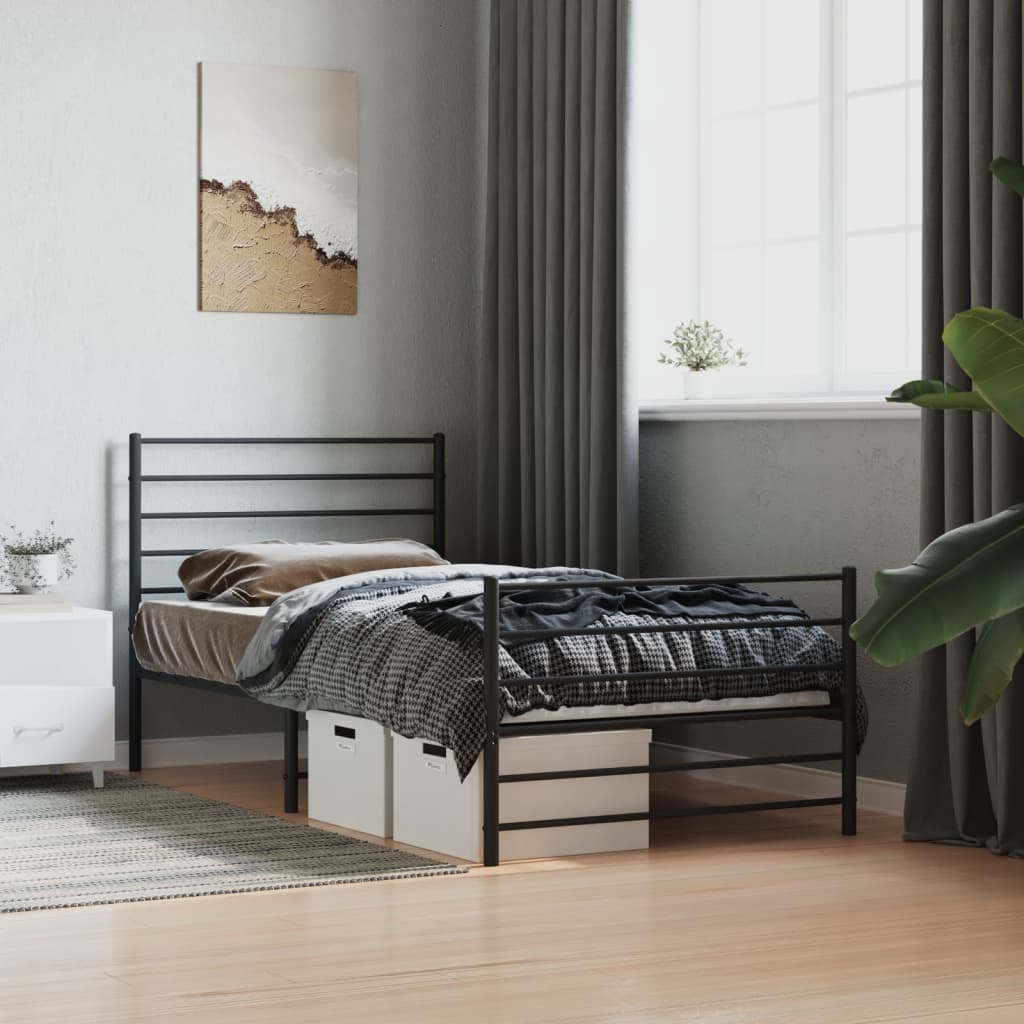 Cadru pat metalic cu tăblii de cap/picioare, negru, 75x190 cm - Lando