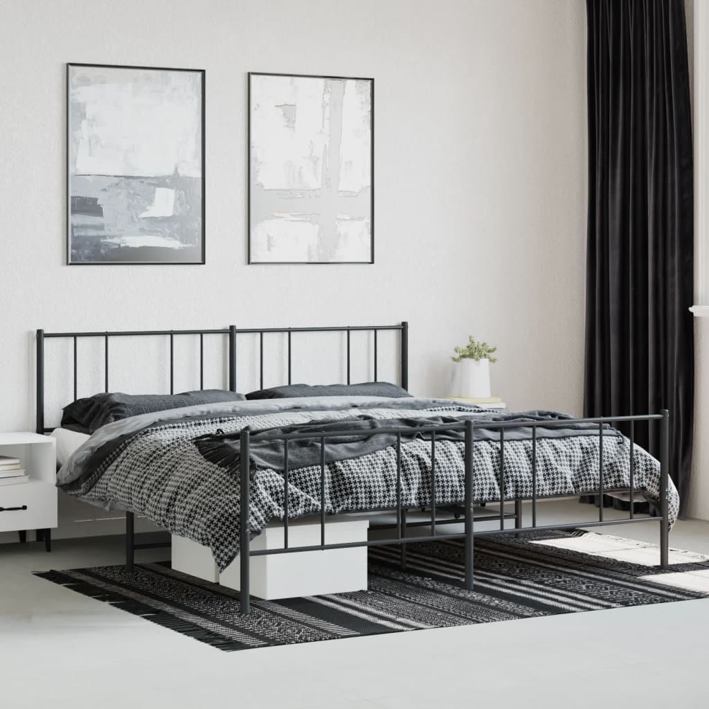 Cadru pat metalic cu tăblii de cap/picioare, negru, 200x200 cm - Lando