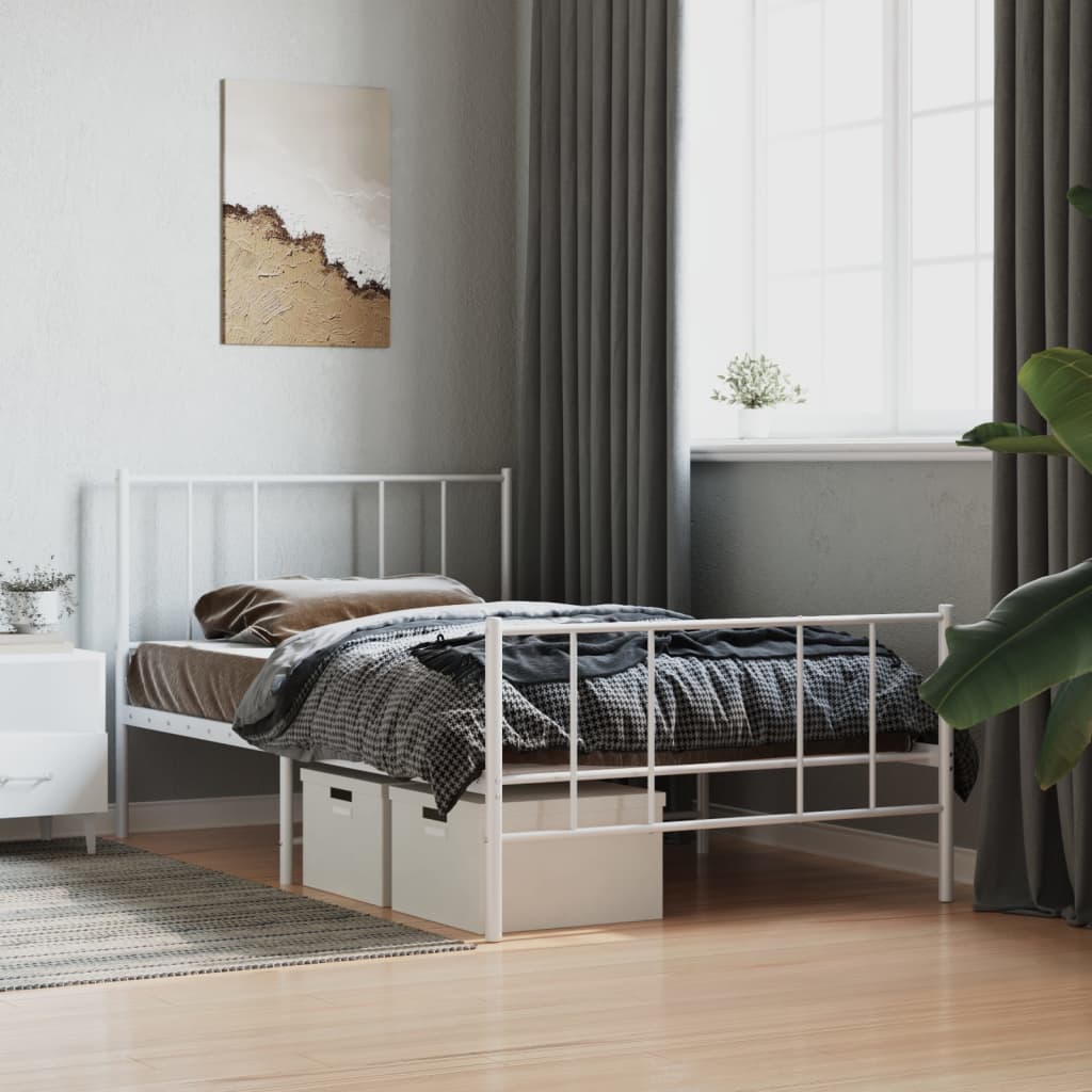 Cadru de pat metalic cu tăblie de cap/picioare, alb, 90x200 cm - Lando