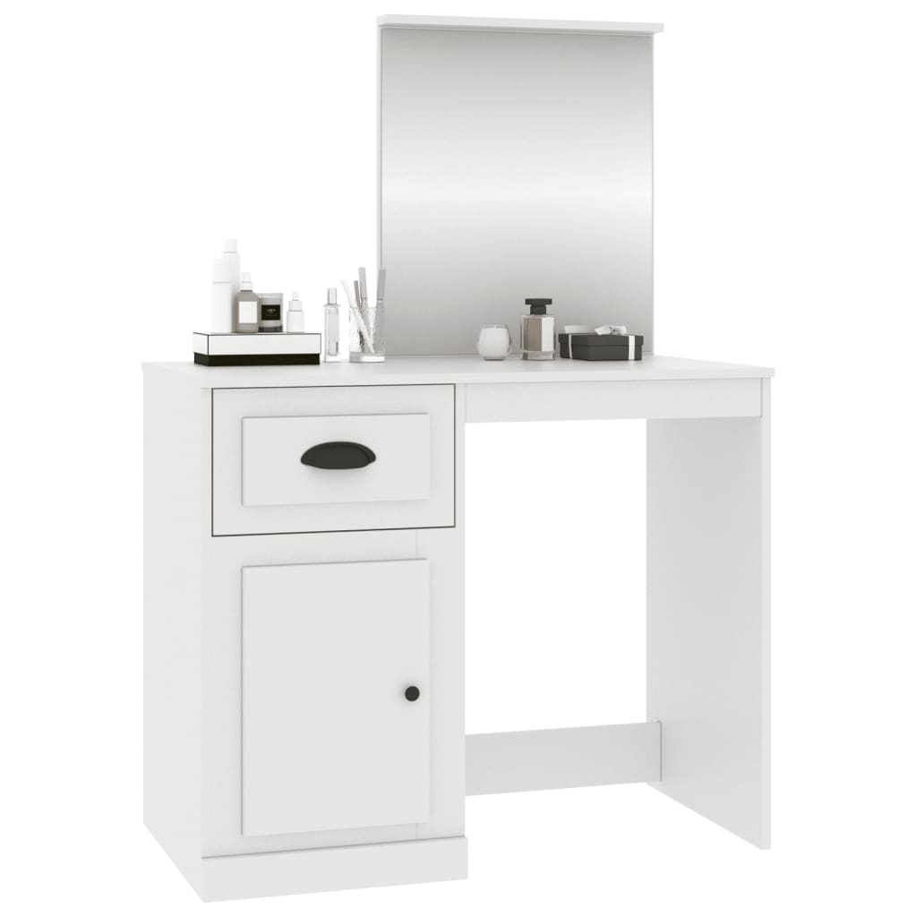 Masă de toaletă cu oglindă, alb, 90x50x132,5 cm, lemn prelucrat - Lando