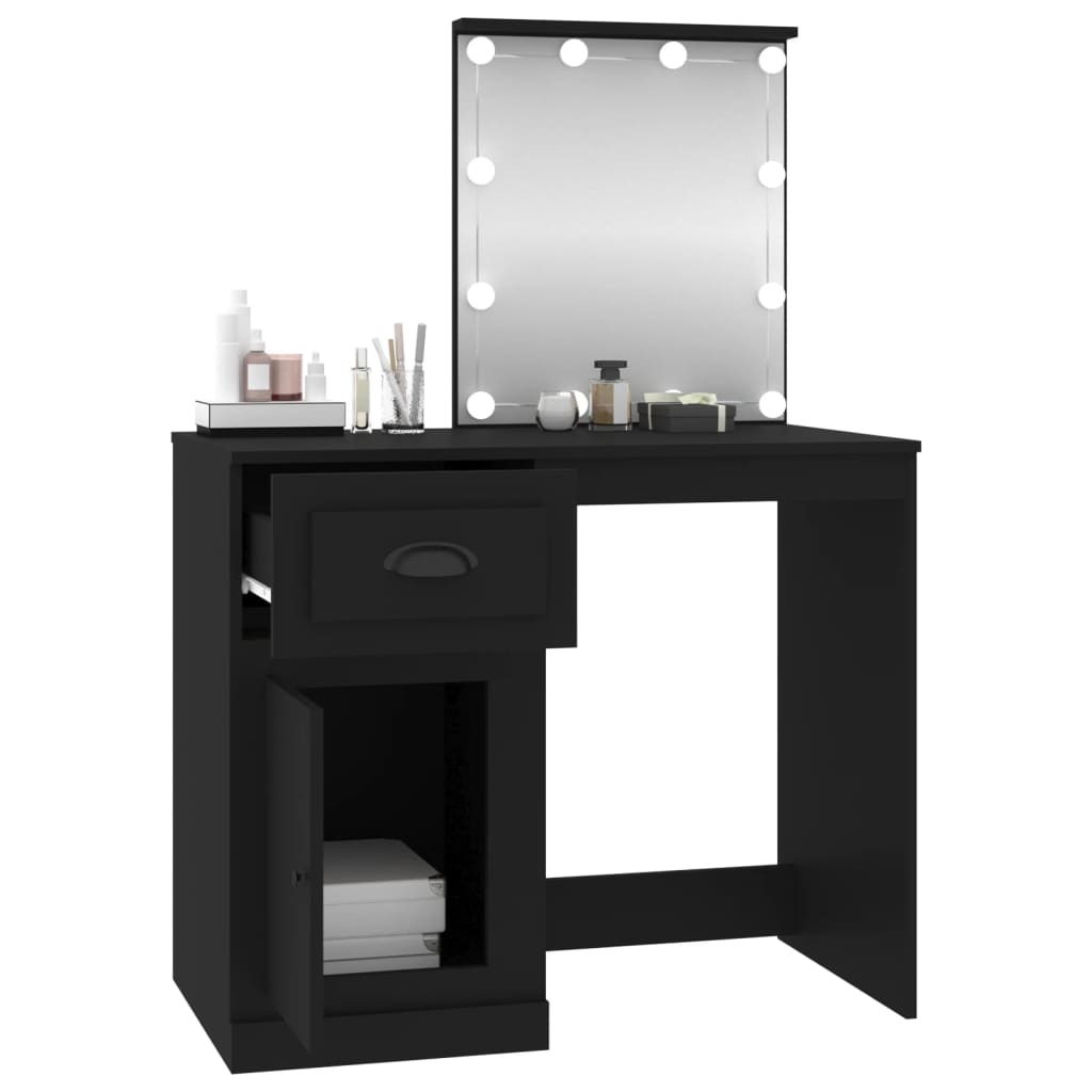 Masă de toaletă cu LED, negru, 90x50x132,5 cm, lemn prelucrat - Lando