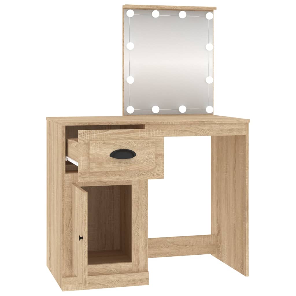 Masă toaletă cu LED, stejar sonoma 90x50x132,5 cm lemn compozit - Lando