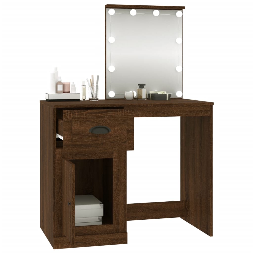 Masă toaletă cu LED, stejar maro, 90x50x132,5 cm lemn prelucrat - Lando