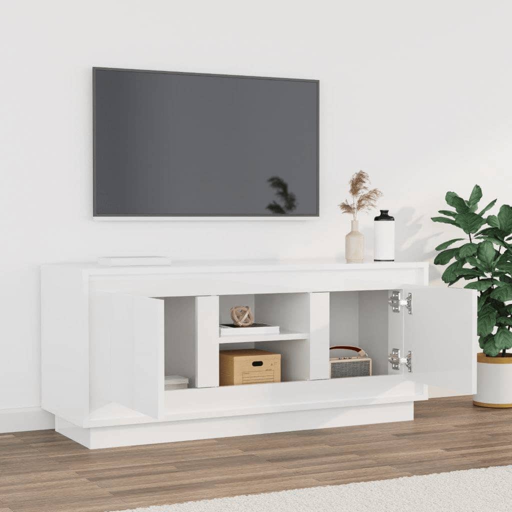Comodă TV, alb extralucios, 102x35x45 cm, lemn prelucrat Lando - Lando