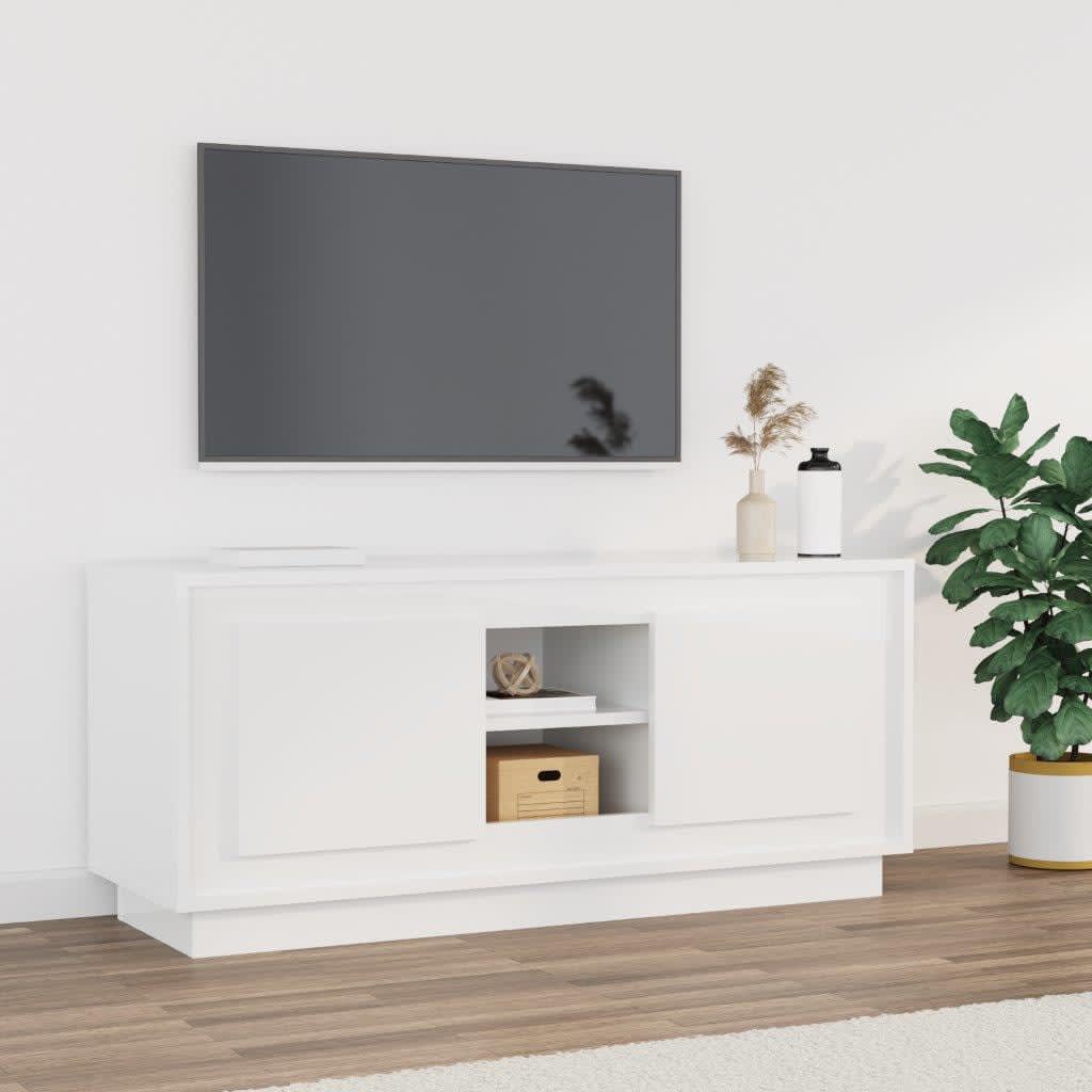 Comodă TV, alb extralucios, 102x35x45 cm, lemn prelucrat Lando - Lando