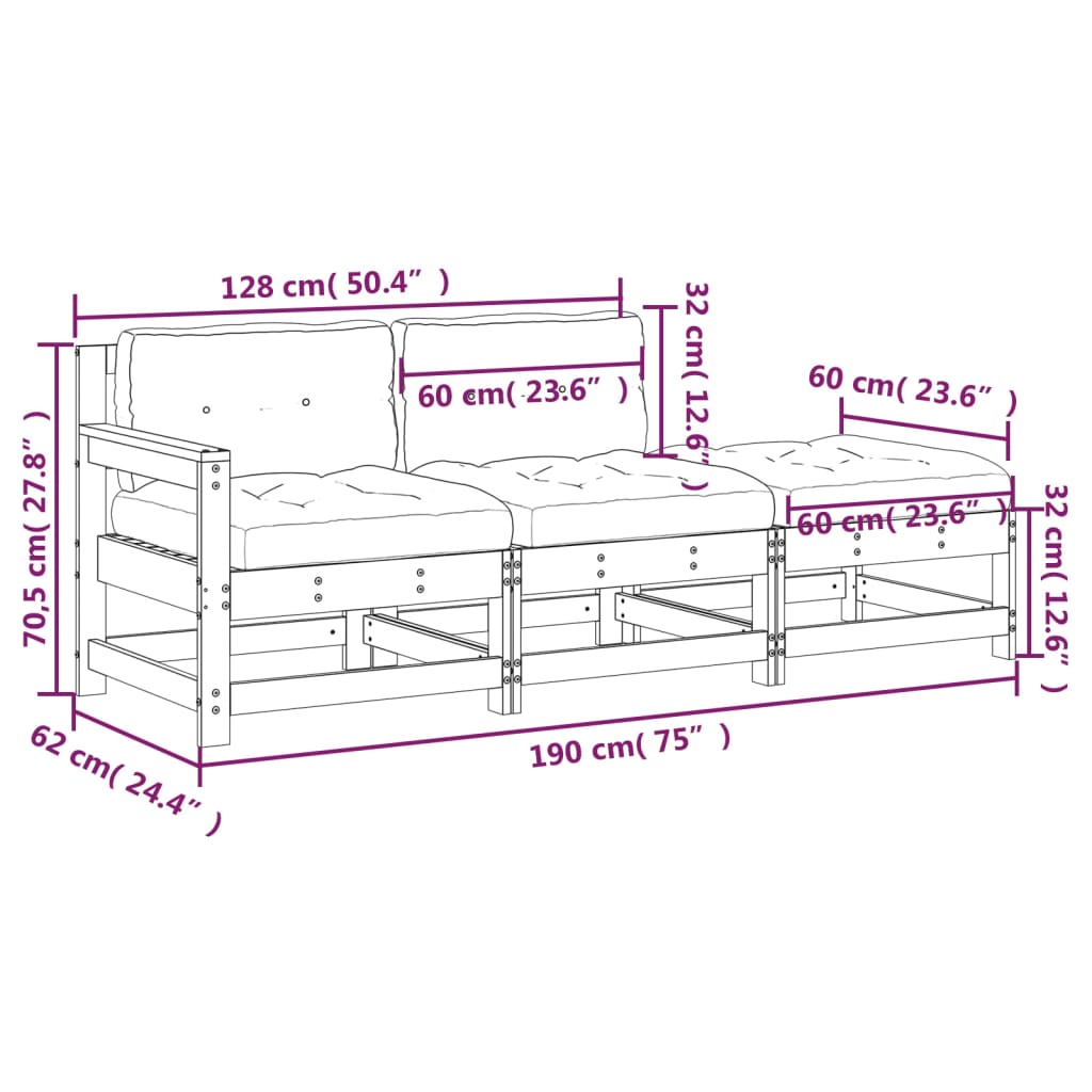 Set mobilier de grădină cu perne, 3 piese, gri, lemn masiv - Lando