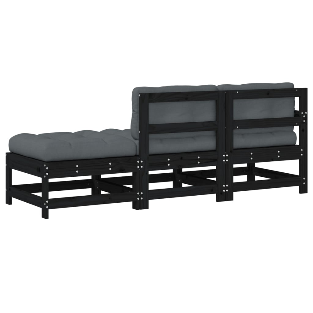 Set mobilier de grădină cu perne, 3 piese, negru, lemn masiv - Lando