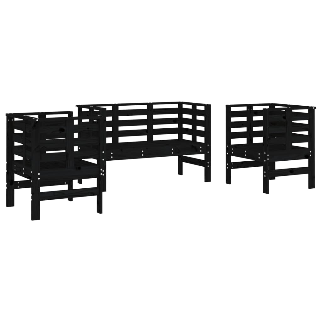Set mobilier de grădină, 3 piese, negru, lemn masiv pin - Lando