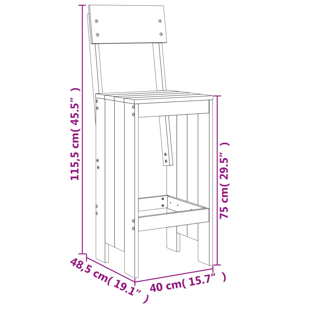 Taburete de bar, 2 buc., alb, 40x48,5x115,5 cm, lemn masiv pin - Lando