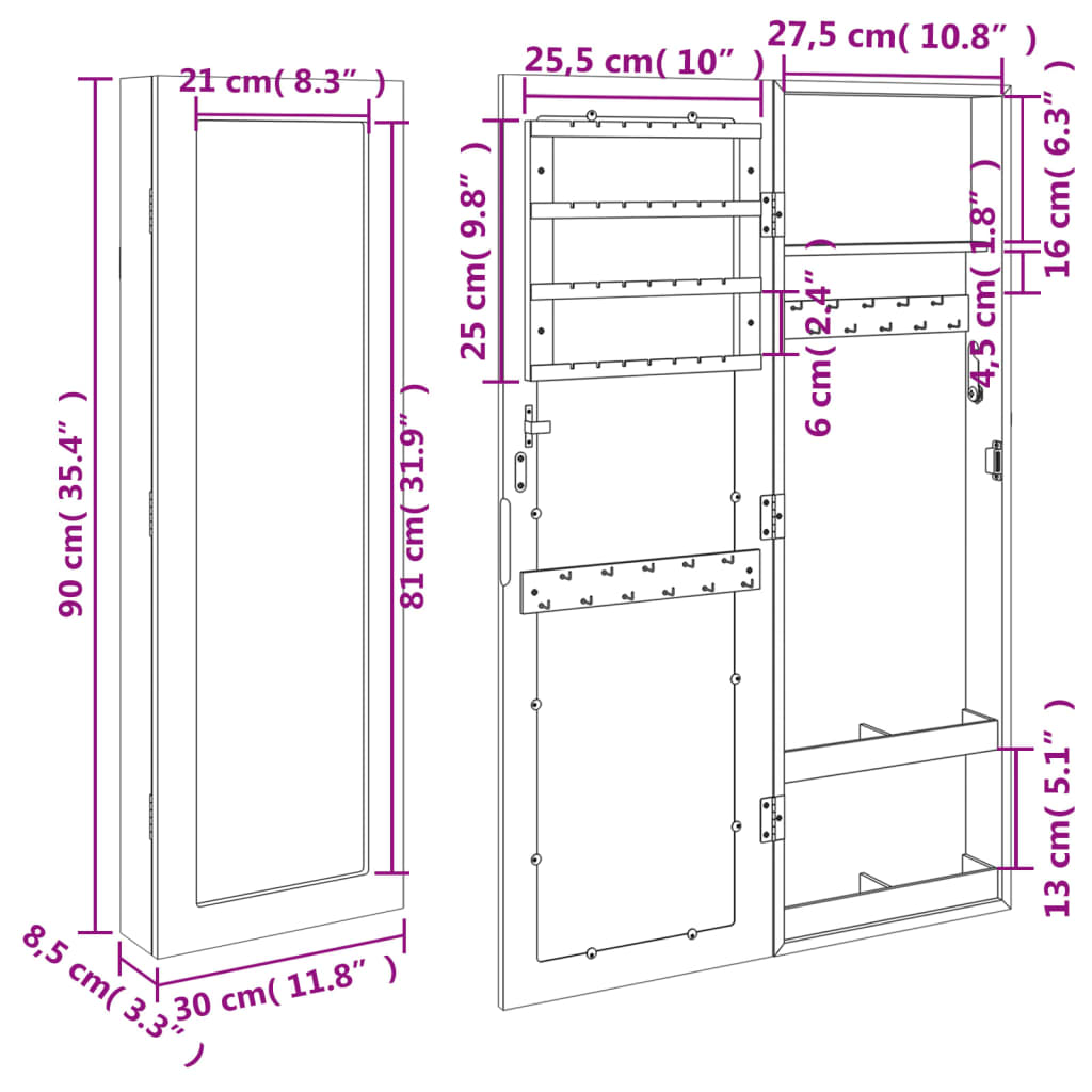 Dulap de bijuterii cu oglindă montat pe perete alb 30x8,5x90 cm Lando - Lando