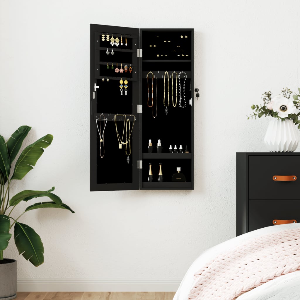 Dulap de bijuterii & oglindă montat pe perete negru 30x8,5x90cm Lando - Lando