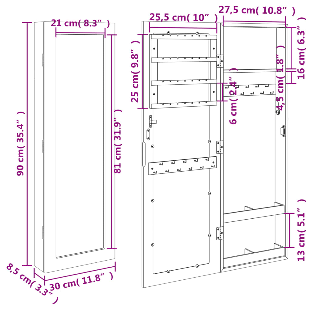 Dulap de bijuterii cu oglindă montat pe perete, 30x8,5x90 cm Lando - Lando