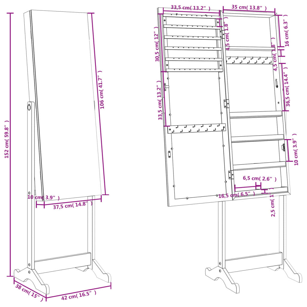 Dulap de bijuterii cu oglindă independent, 42x38x152 cm Lando - Lando