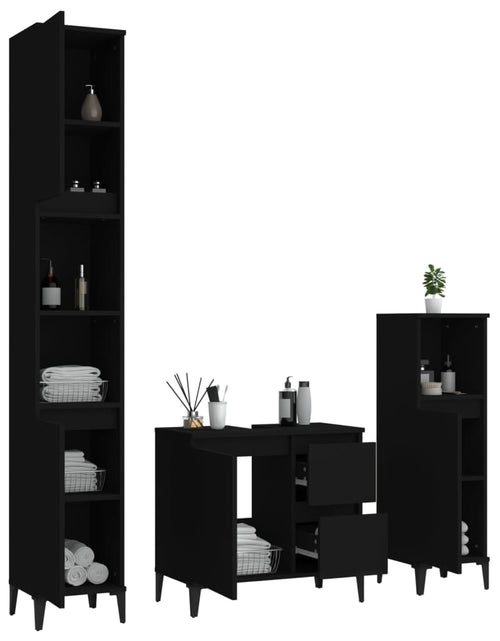 Încărcați imaginea în vizualizatorul Galerie, Set dulapuri de baie, 3 piese, negru, lemn prelucrat - Lando
