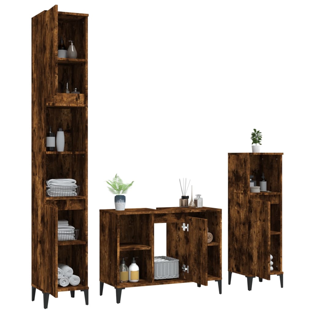 Set mobilier de baie, 3 piese, stejar fumuriu, lemn prelucrat - Lando