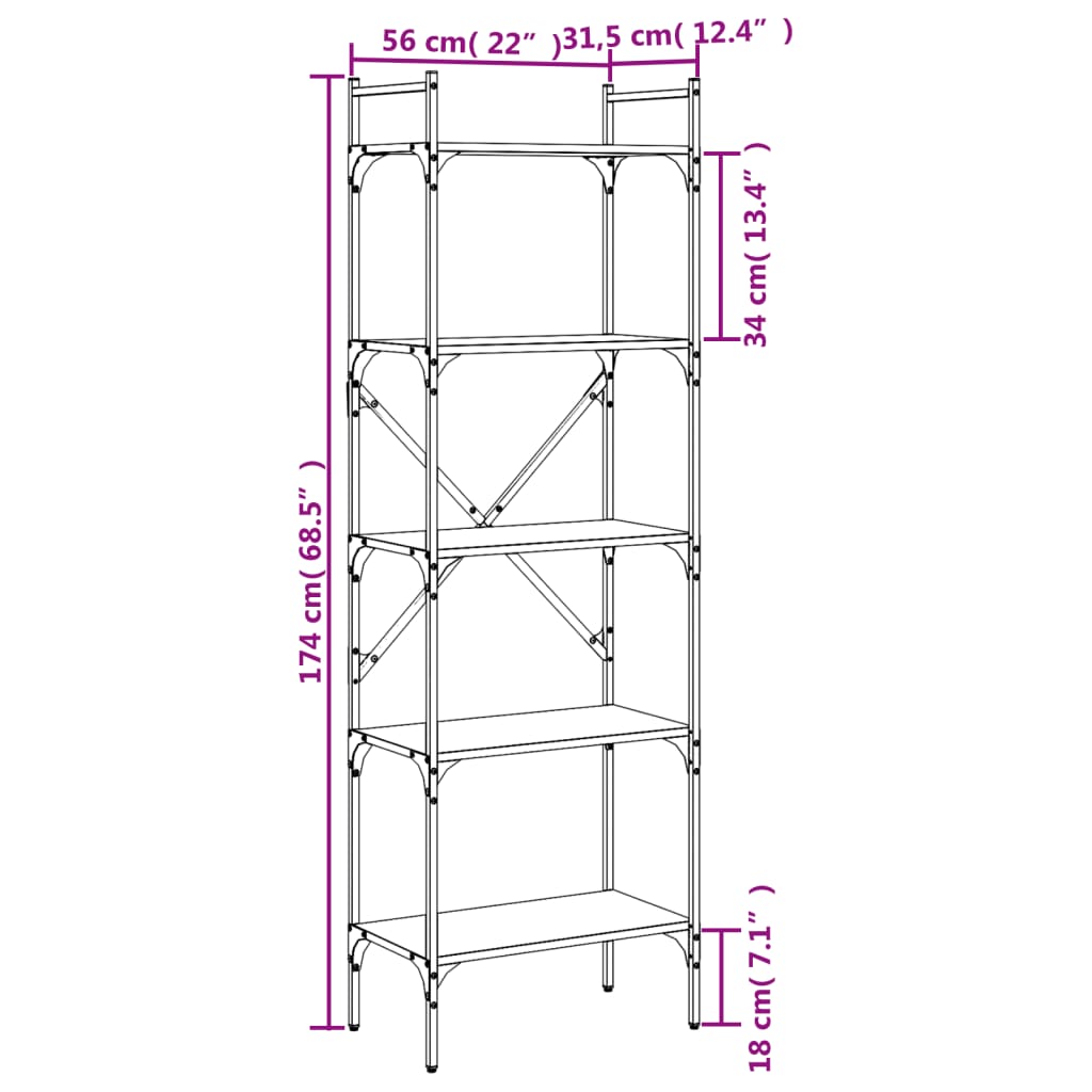 Bibliotecă cu 5 niveluri, stejar sonoma, 56x31,5x174 cm, lemn Lando - Lando