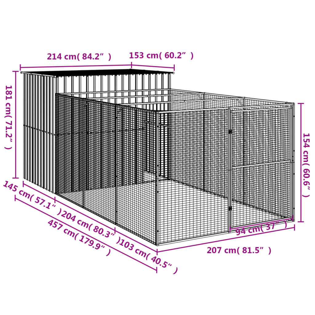 Cușcă de câine cu țarc antracit 214x457x181 cm oțel galvanizat - Lando