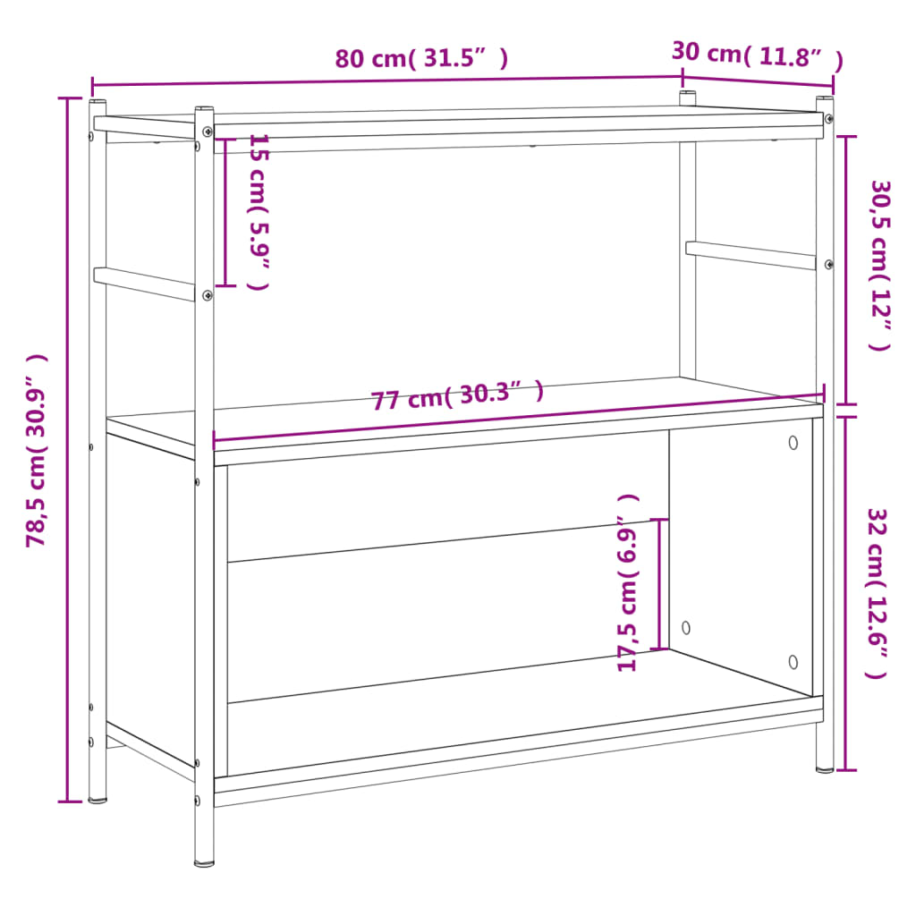 Raft de cărți stejar afumat 80x30x78,5cm lemn prelucrat și fier Lando - Lando