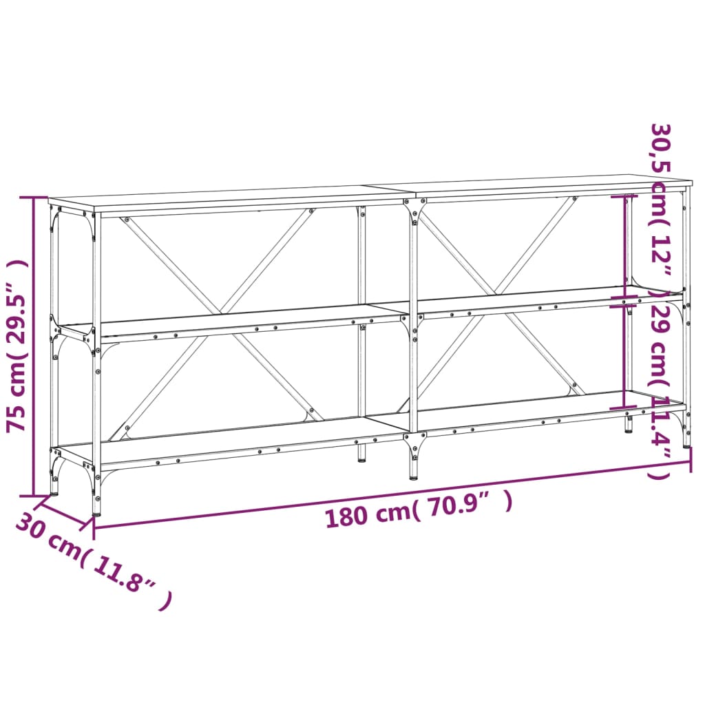 Masă consolă gri sonoma 180x30x75 cm Lemn prelucrat și fier Lando - Lando