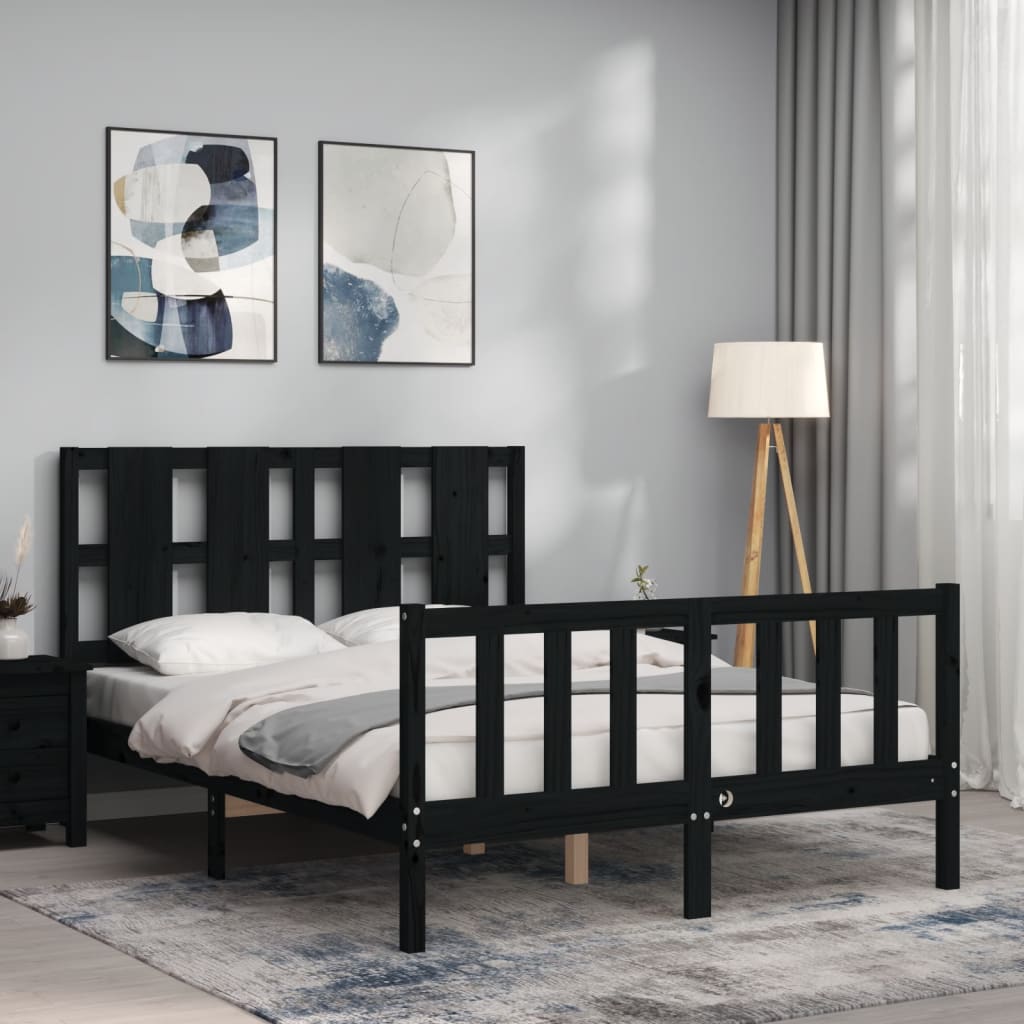 Cadru de pat cu tăblie, negru, 140x190 cm, lemn masiv - Lando