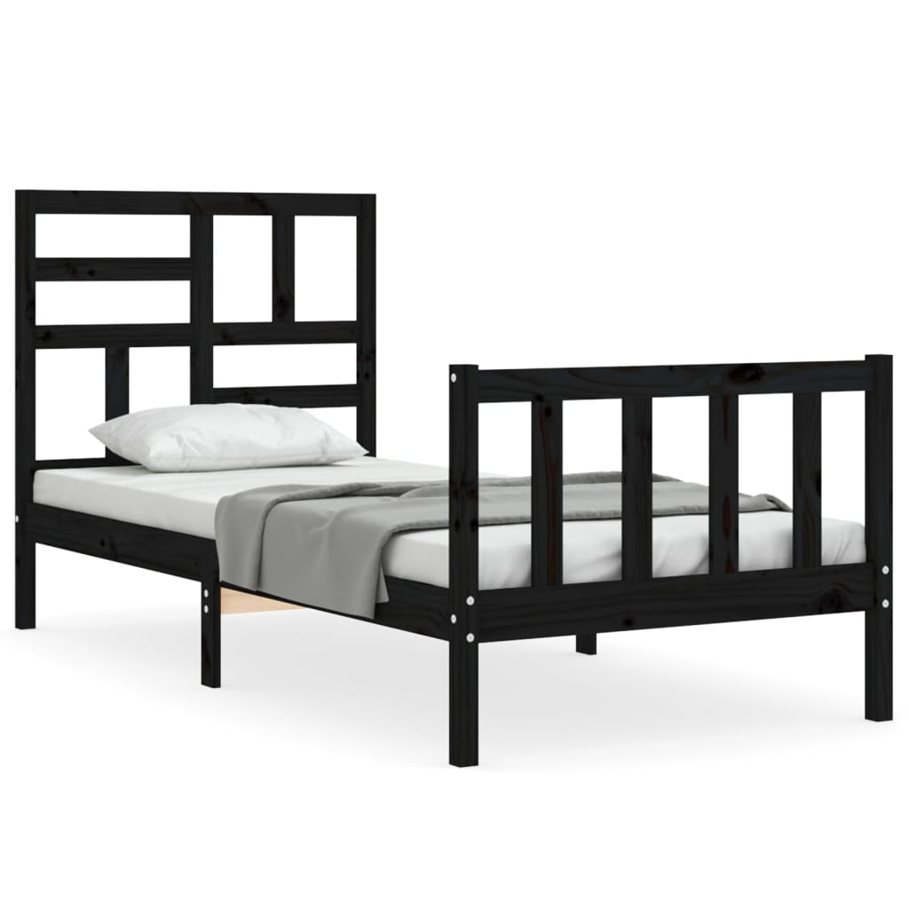 Cadru de pat cu tăblie single, negru, lemn masiv - Lando