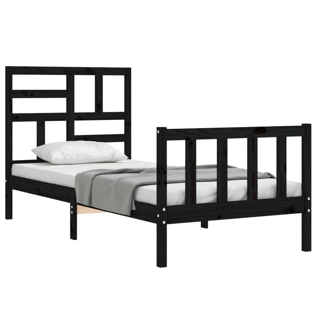 Cadru de pat cu tăblie single, negru, lemn masiv - Lando