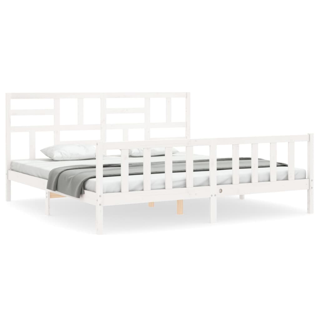 Cadru pat cu tăblie 200x200 cm, alb, lemn masiv - Lando