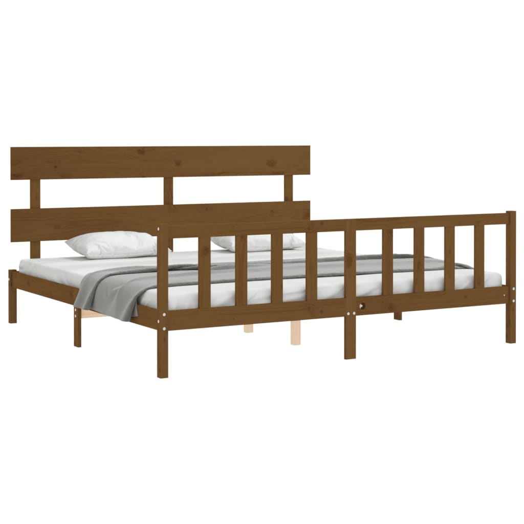 Cadru pat cu tăblie, maro miere, 200x200 cm, lemn masiv - Lando