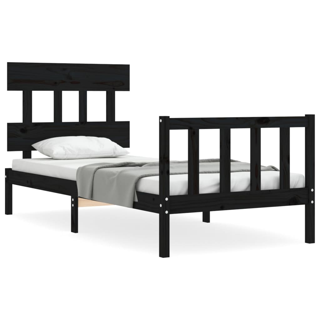 Cadru de pat cu tăblie Small Single, negru, lemn masiv - Lando