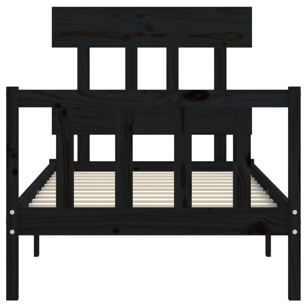 Cadru de pat cu tăblie Small Single, negru, lemn masiv - Lando