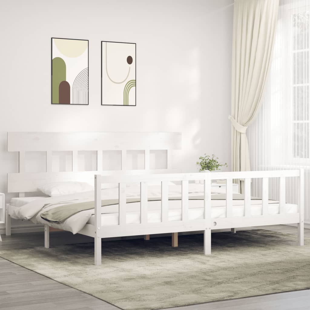 Cadru de pat cu tăblie Super King Size, alb, lemn masiv - Lando