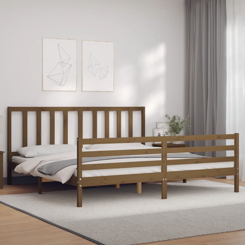 Cadru pat cu tăblie, maro miere, 200x200 cm, lemn masiv - Lando