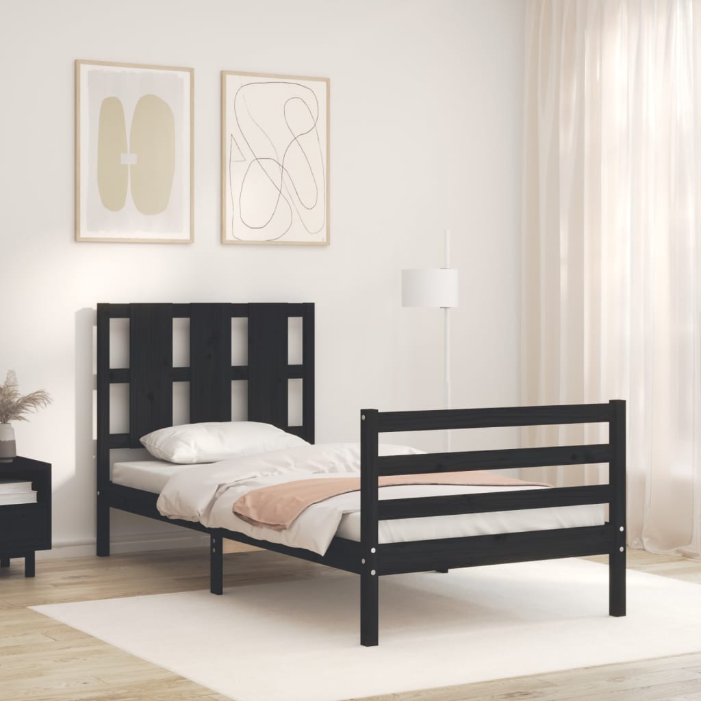 Cadru de pat cu tăblie, negru, 90x200 cm, lemn masiv - Lando