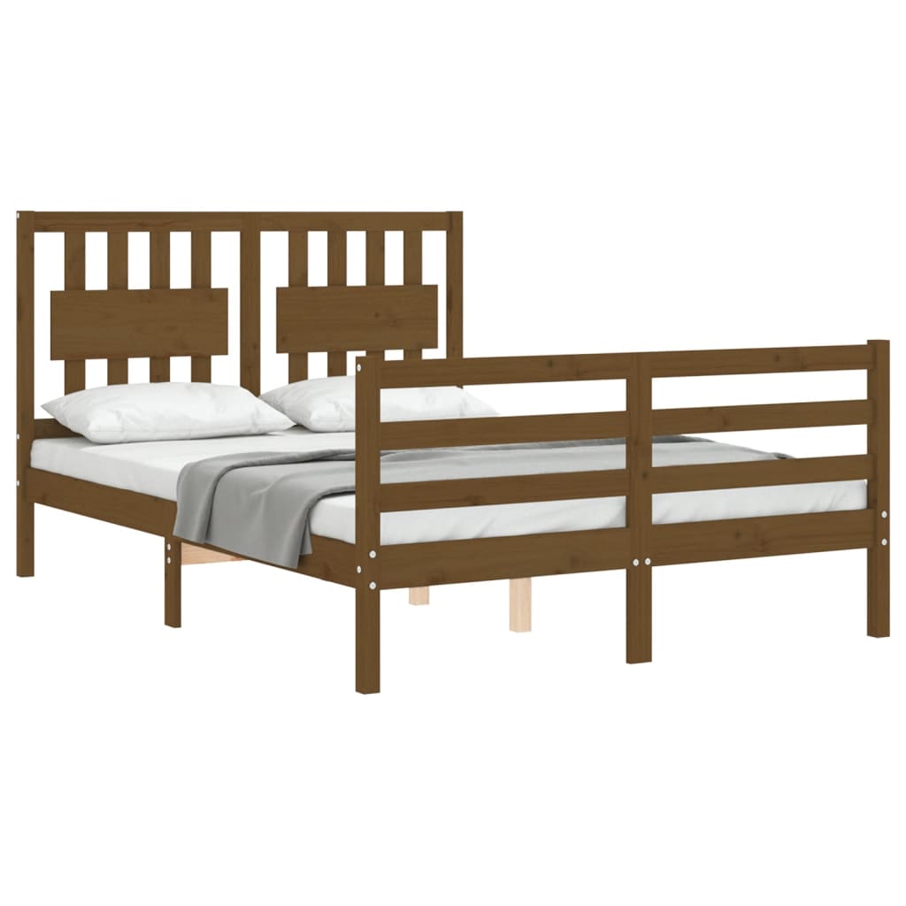 Cadru de pat cu tăblie, dublu mic, maro miere, lemn masiv - Lando